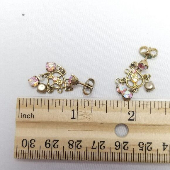 Vintage Pink AB Rhinestone Dangle Stud Earrings Gold Tone Filigree Design Estate - Picture 4 of 6